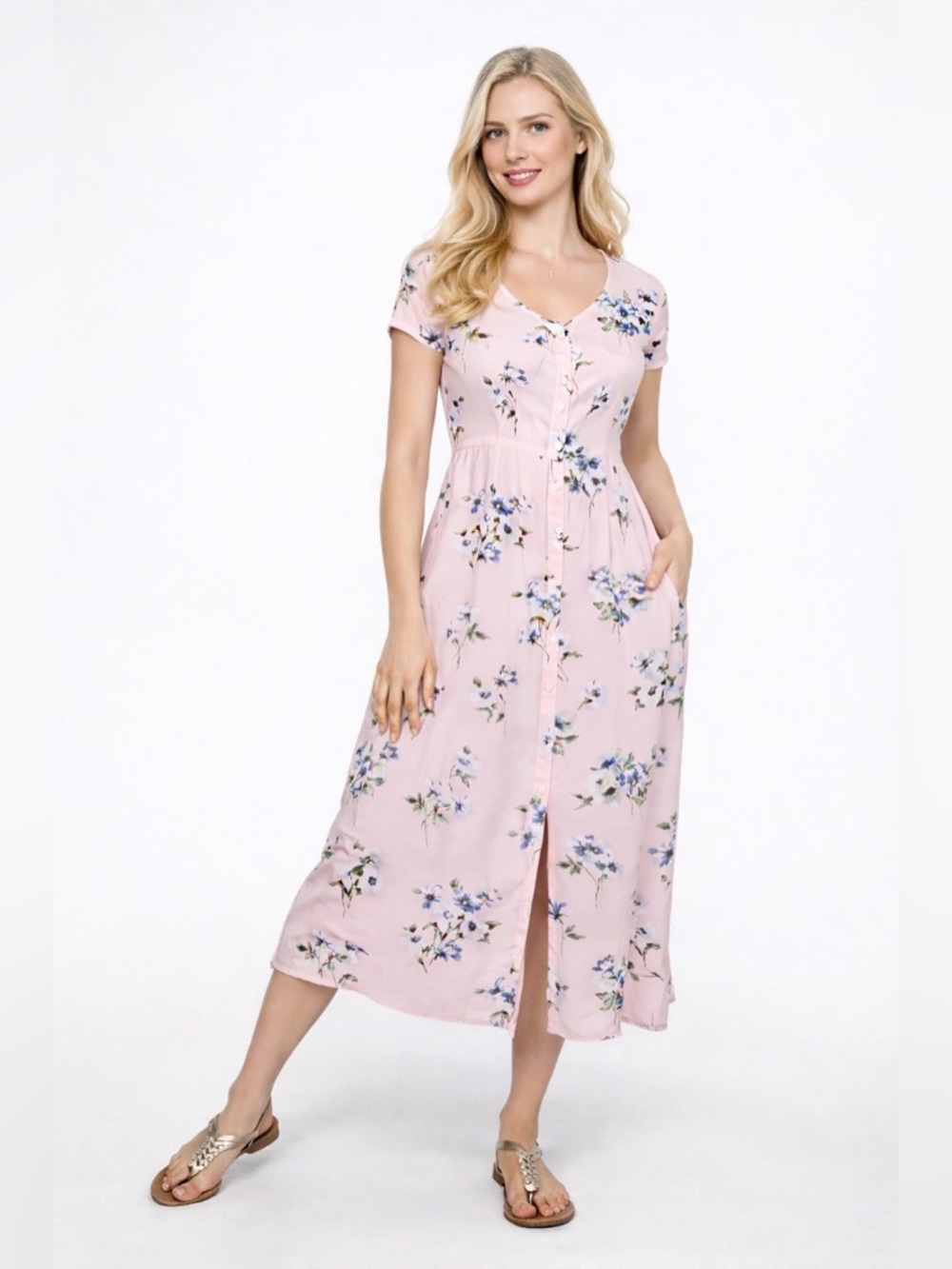 Women's Pink Floral Midi Dress with Buttons